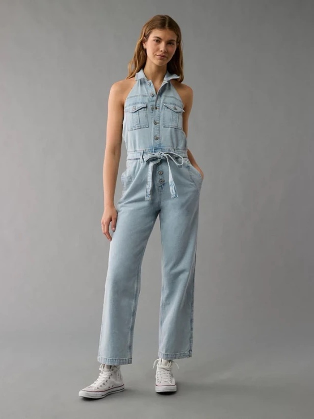 American Eagle Outfitters Acid Wash Denim Halter Jumpsuit